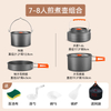 Complete set of outdoor camping and cooking equipment, including camping cookware, kettle set, pot cover, hanging pot, and camping cooking utensils.