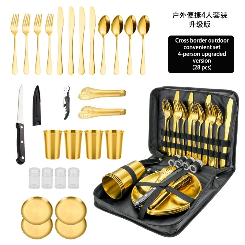 Cross-border stainless steel portable cutlery set for outdoor camping and picnics - knife, fork, spoon, cup, barbecue plate, clip, travel cutlery bag