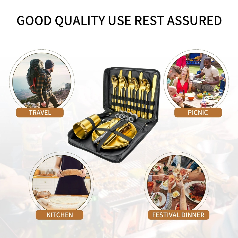 Cross-border stainless steel portable cutlery set for outdoor camping and picnics - knife, fork, spoon, cup, barbecue plate, clip, travel cutlery bag