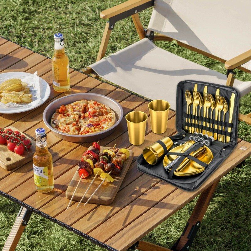 Cross-border stainless steel portable cutlery set for outdoor camping and picnics - knife, fork, spoon, cup, barbecue plate, clip, travel cutlery bag